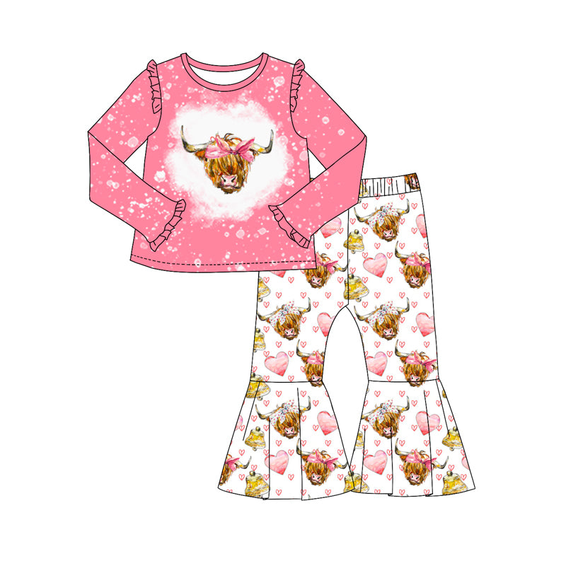 Baby Girls Valentines Highland Cow Shirt Western Bell Pants Clothes Sets Preorder