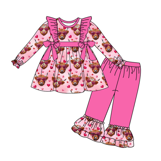 Baby Girls Valentines Highland Cow Hearts Bows Tunic Ruffle Pants Clothes Sets Preorder