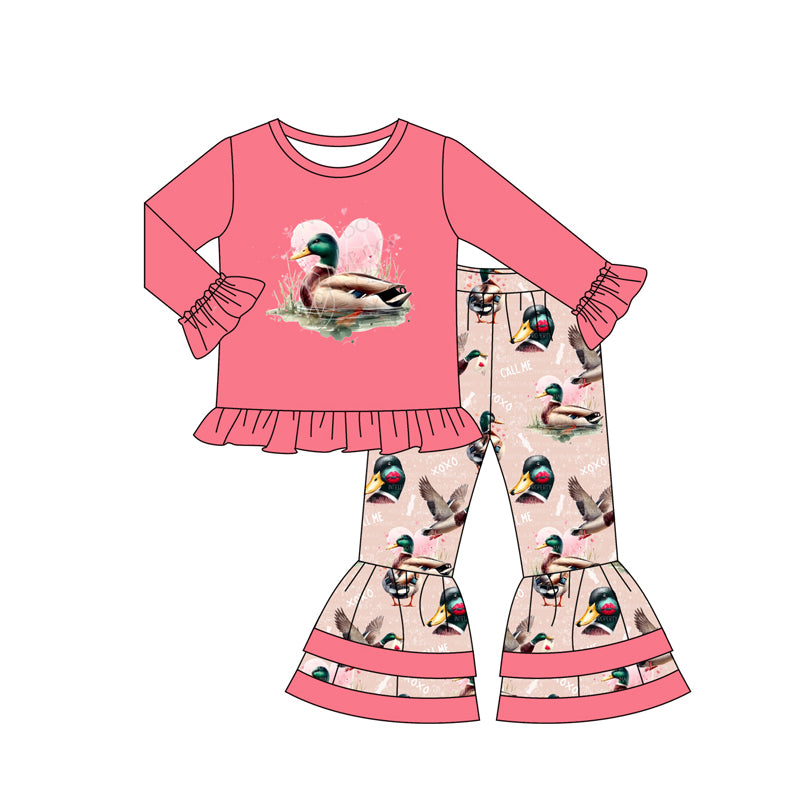 Baby Girls Valentines Duck Hearts Shirt Ruffle Pants Clothes Sets Preorder