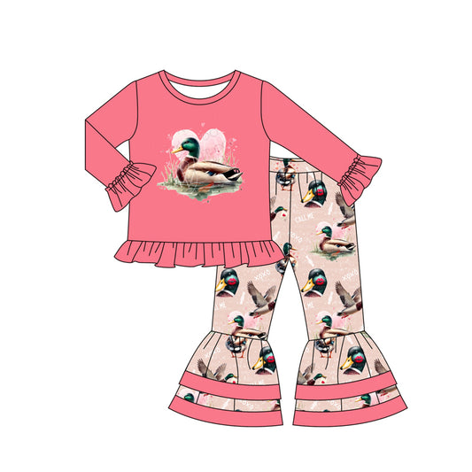 Baby Girls Valentines Duck Hearts Shirt Ruffle Pants Clothes Sets Preorder