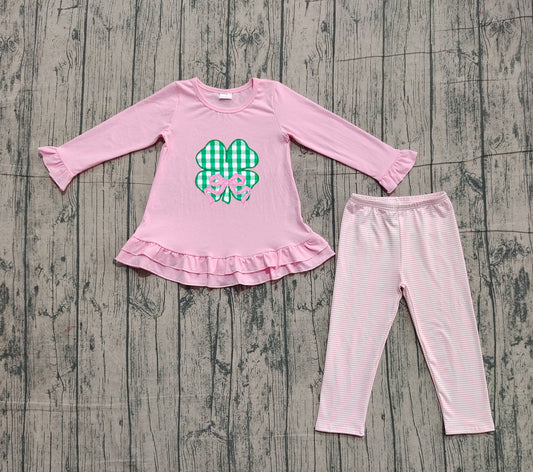 Embroidery Bow Clovers Baby Girls Tunic Stripe Leggings St Patrick Clothes Sets Preorder