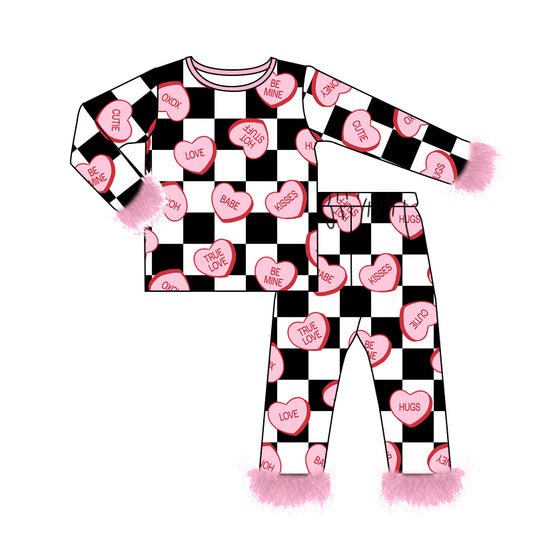 Baby Girls Valentines Hearts Checkered Fur Shirt Pants Pajamas Clothes Sets Preorder