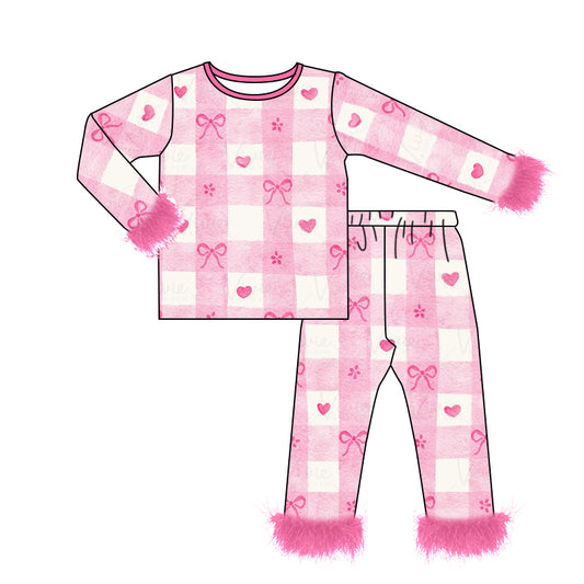 Baby Girls Valentines Pink Bows Checkered Fur Shirt Pants Pajamas Clothes Sets Preorder