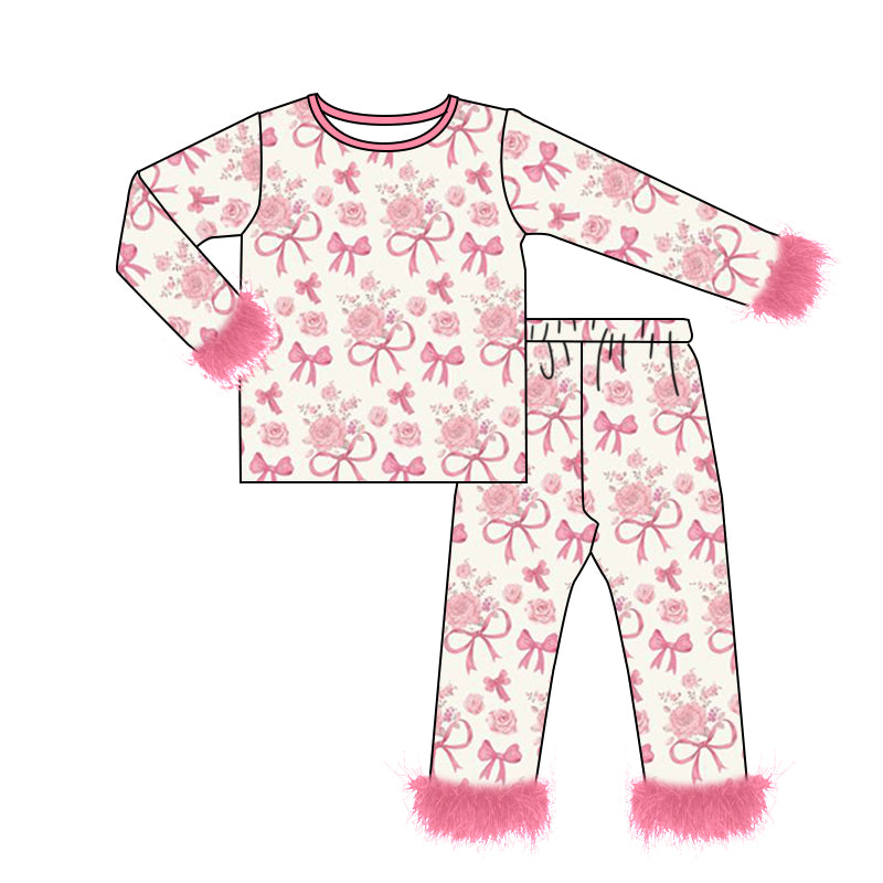 Baby Girls Valentines Pink Bows Fur Shirt Pants Pajamas Clothes Sets Preorder