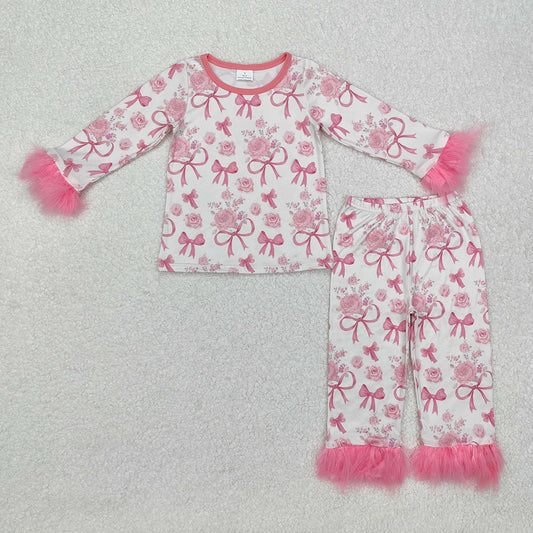 Baby Girls Valentines Pink Bows Fur Shirt Pants Pajamas Clothes Sets