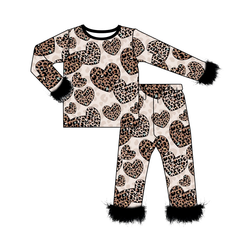 Baby Girls Valentines Leopard Hearts Fur Shirt Pants Pajamas Clothes Sets Preorder