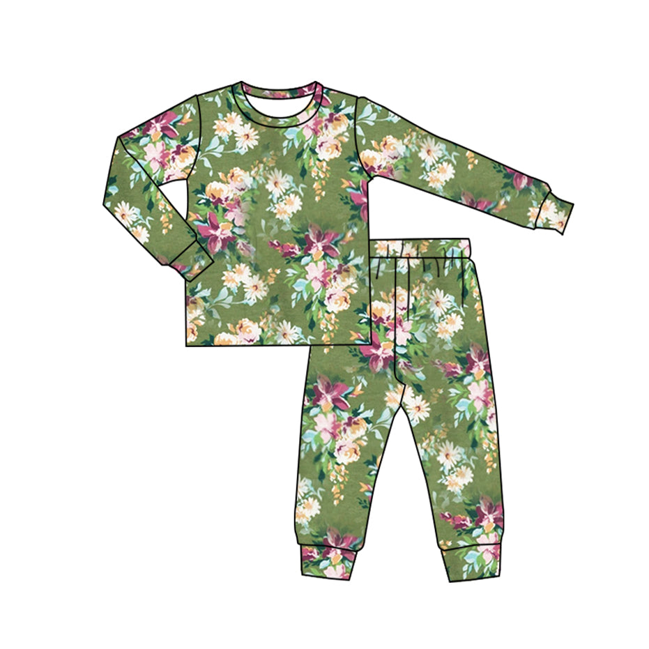 Baby Girls Green Flowers Spring Shirt Pants Pajamas Clothes Sets Preorder