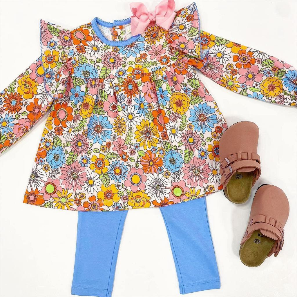 Baby Girls Blue Orange Flowers Tunic Legging Kids Clothing Sets Preorder