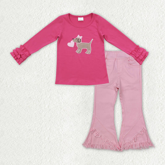 Baby Girls Valentines Dog Heart Shirt Top Pink Fringe Denim Jeans Pants Clothes Sets