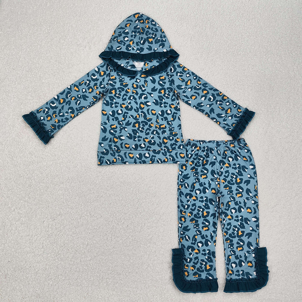 Baby Girls Green Leopard Hooded Top Flare Pants Clothes Sets