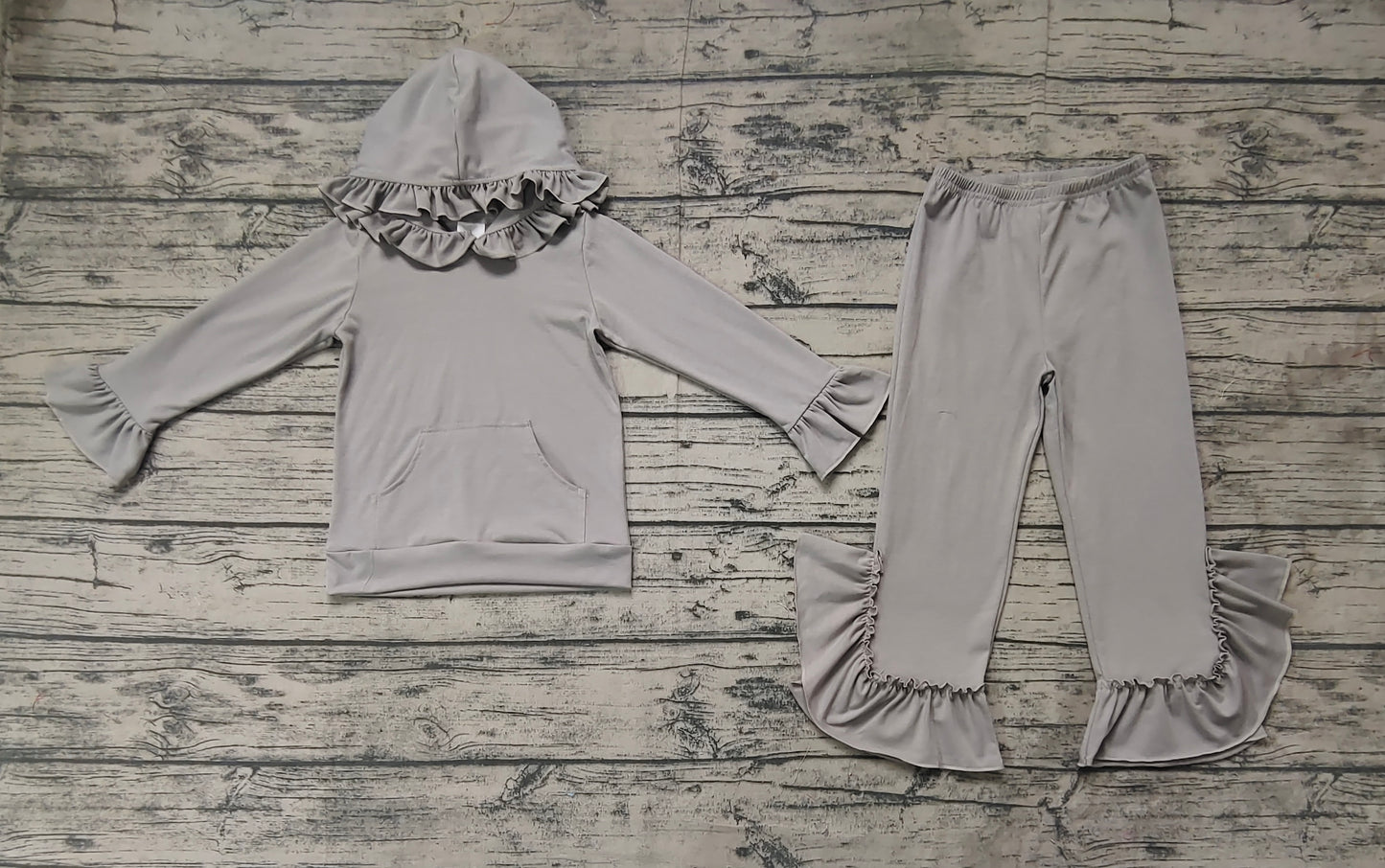 Baby Girls Grey Ruffle Hooded Top Pants Clothes Sets Preorder