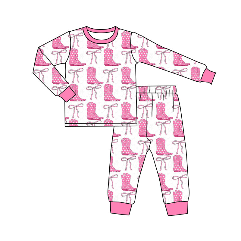 Baby Girls Pink Boots Bows Top Pants Pajamas Clothes Sets Preorder