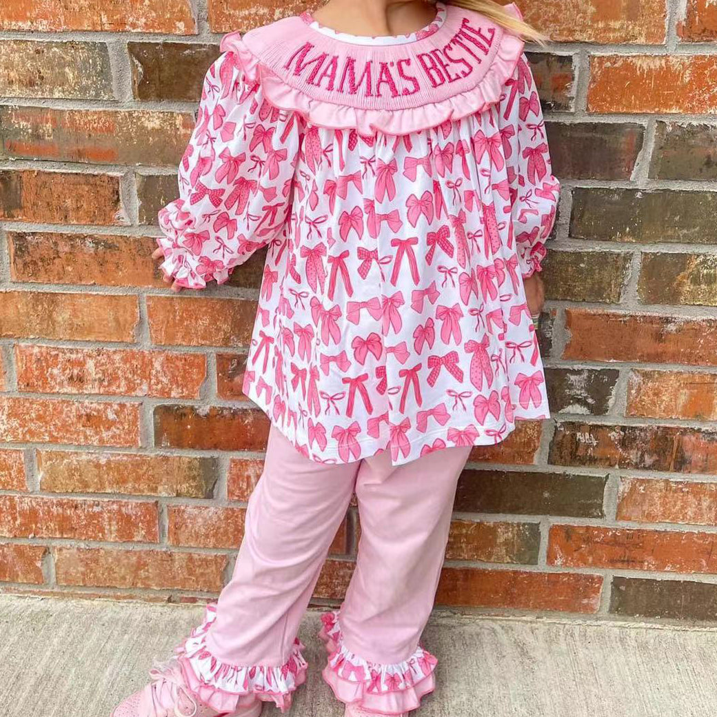 Baby Girls Pink Bows Mama's Bestie Tunic Ruffle Pants Outfits Clothes Sets Preorder