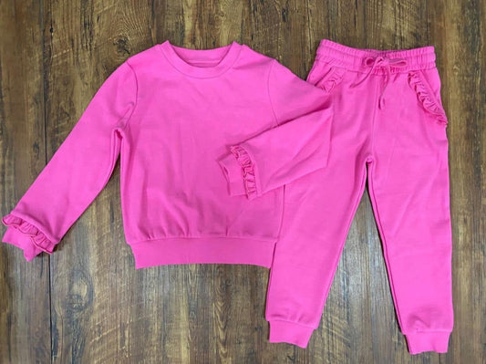 Baby Girls Hot Pink Top Ruffle Pockets Pants Jogger Clothes Sets Preorder