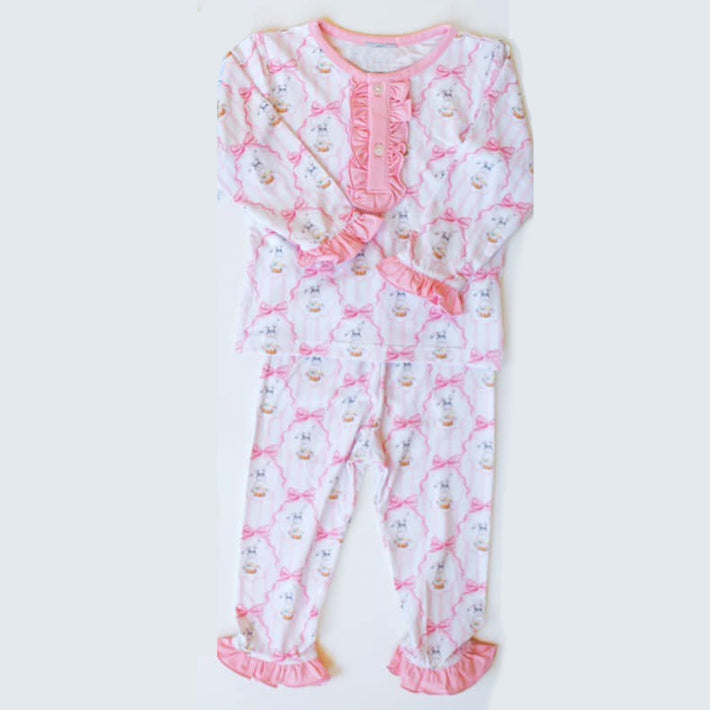 Baby Girls Pink Easter Rabbits Bows Shirt Pants Pajamas Clothes Sets Preorder