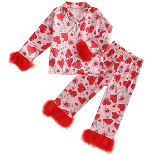 Baby Girls Valentines Candy Fur Button Ups Top Pants Pajamas Clothes Sets Preorder