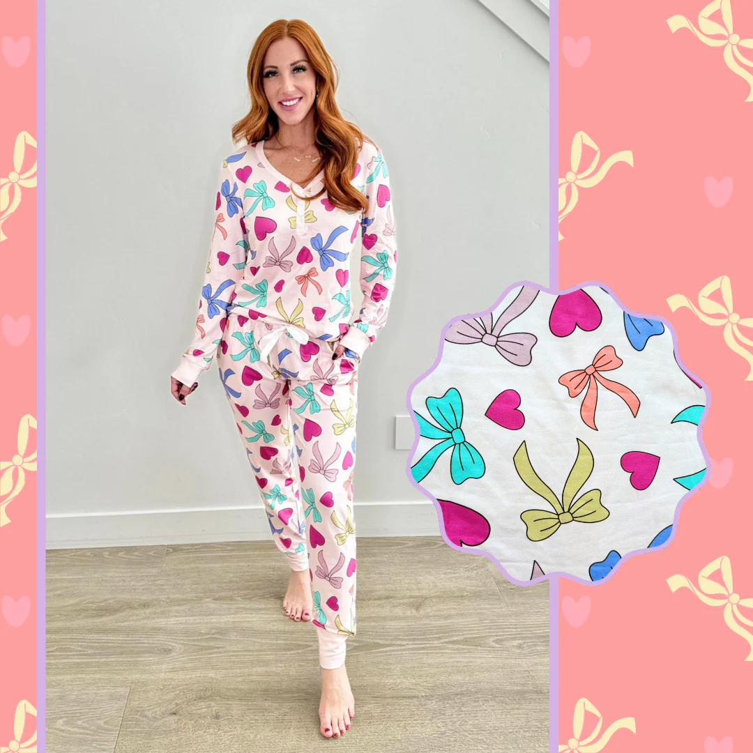 Adult Women Valentines Bows Buttons Tops Pants Pajamas Preorder