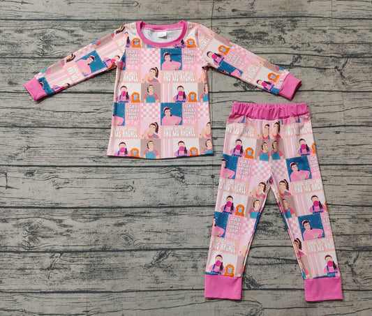 Baby Girls Teacher Pink Checkered Tops Pants Pajamas Clothes Sets