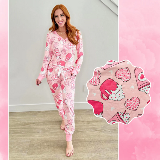 Adult Women Valentines Heart Cups Tops Pants Pajamas Preorder