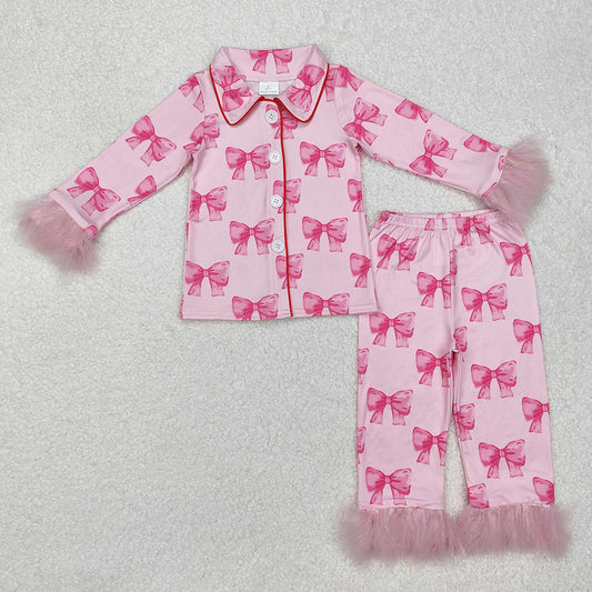 Baby Girls Pink Bows Fur Buttons Shirt Pants Pajamas Clothes Sets