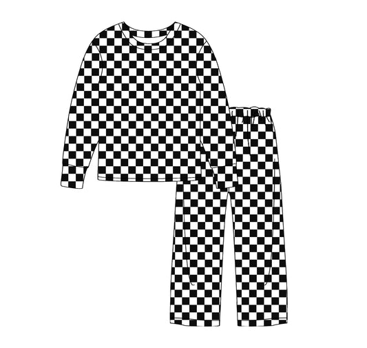 Adult Women Black Checkered Long Sleeve Tops Pants Pajamas Outfits Preorder