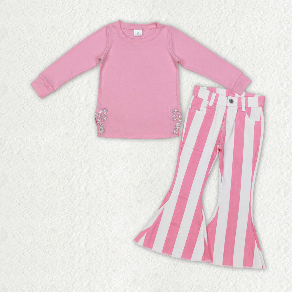 Baby Girls Pink Bows Shirts Stripes Flare Bell Jeans Denim Clothes Sets