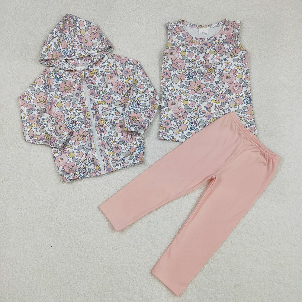 Baby Girls Spring Pink Flowers Hooded Zip Cardigan 3pcs Sets