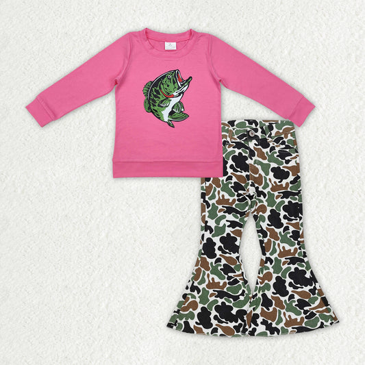 Baby Girls Fishing Pink Tee Camouflage Bell Denim Pants Clothes Sets