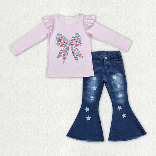 Girls Pink Bow Shirt Stars Denim Jeans Pants Clothes Sets