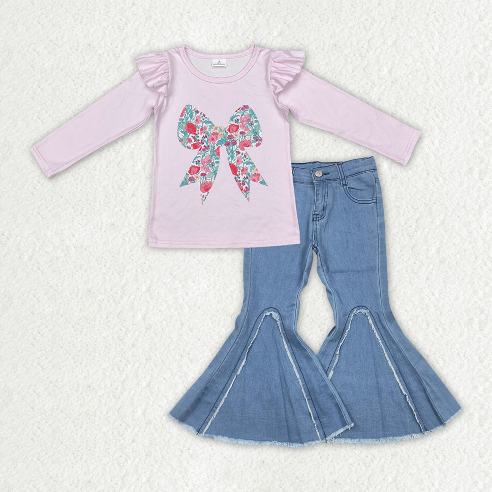 Girls Pink Bow Shirt Denim Jeans Pants Clothes Sets