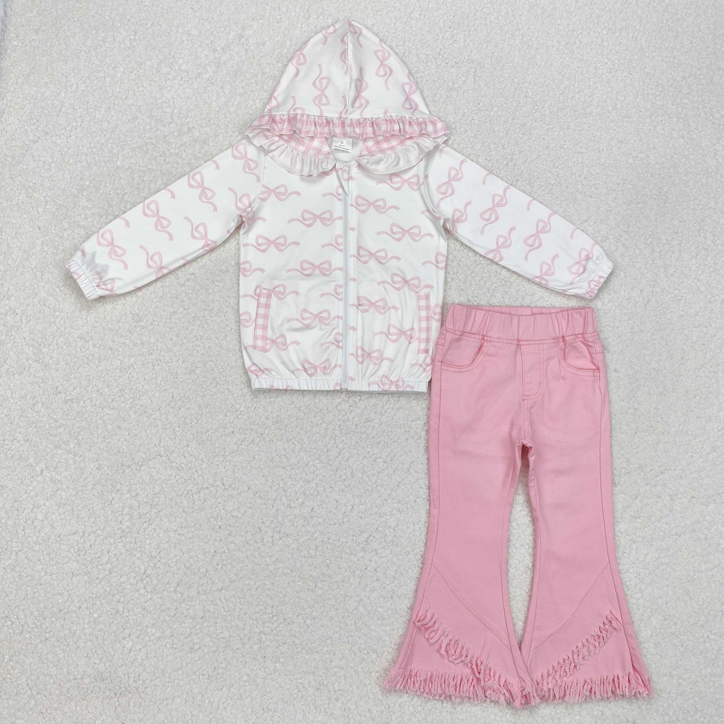 Sibling Baby Girls Bows Zipper Hoodie Jacket Sequin Denim Bell Bottom Pant Clothes Set