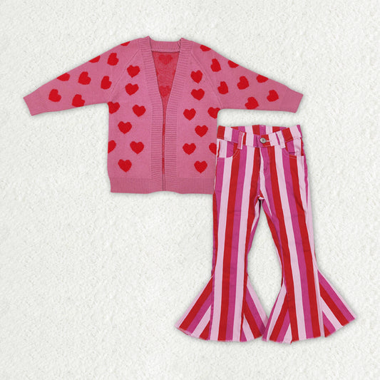 Baby Girls 2pcs Valentines Hearts Cardigan Sweaters Pink Stripes Denim Pants Sets