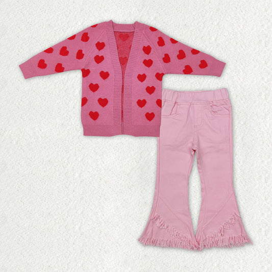 Baby Girls 2pcs Valentines Hearts Cardigan Sweaters Pink Denim Pants Sets