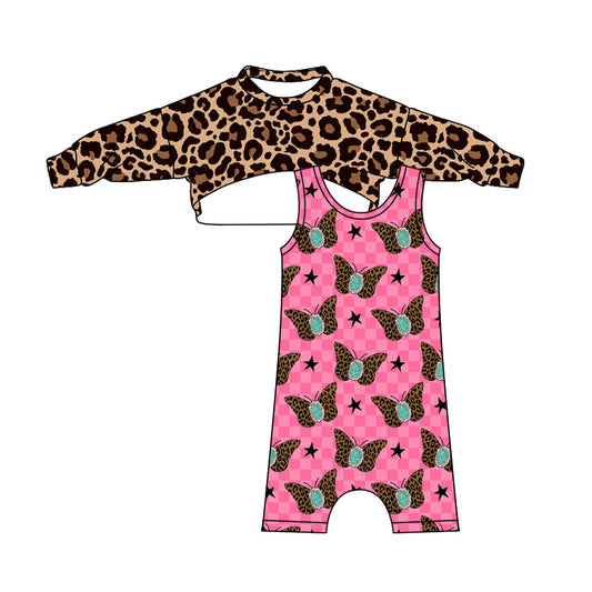 Baby Girls Leopard Top Butterfly Checkered 2pcs Jumpsuits Sets Preorder