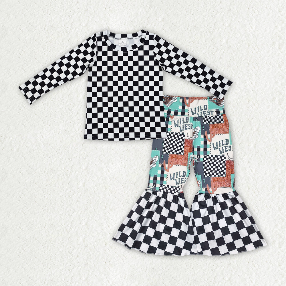 Baby Girls Long Sleeves Black Plaid Top Wild West Bell Bottom Pants Sets