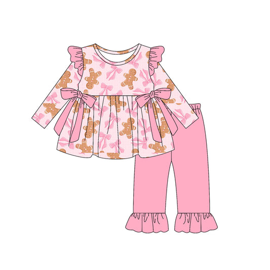 Preorder Baby Girls Long Sleeves Gingerbread Bows Tunic Ruffle Pant Set