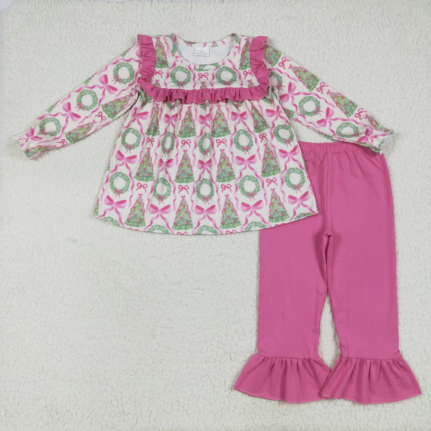Baby Girls Christmas Trees Bows Tunic Ruffle Pants Outfits Sets