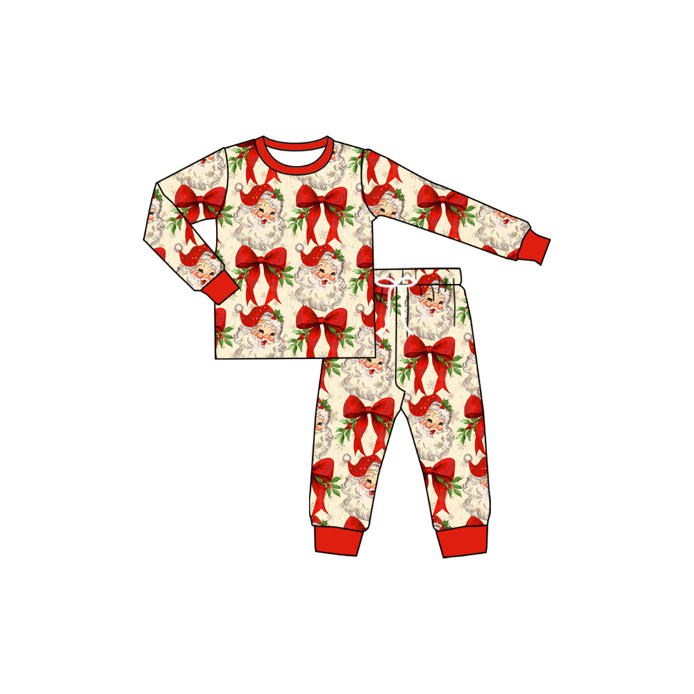 Preorder moq 5 Baby Girls Red Santa Bows Top Pant Christmas Pajamas Set