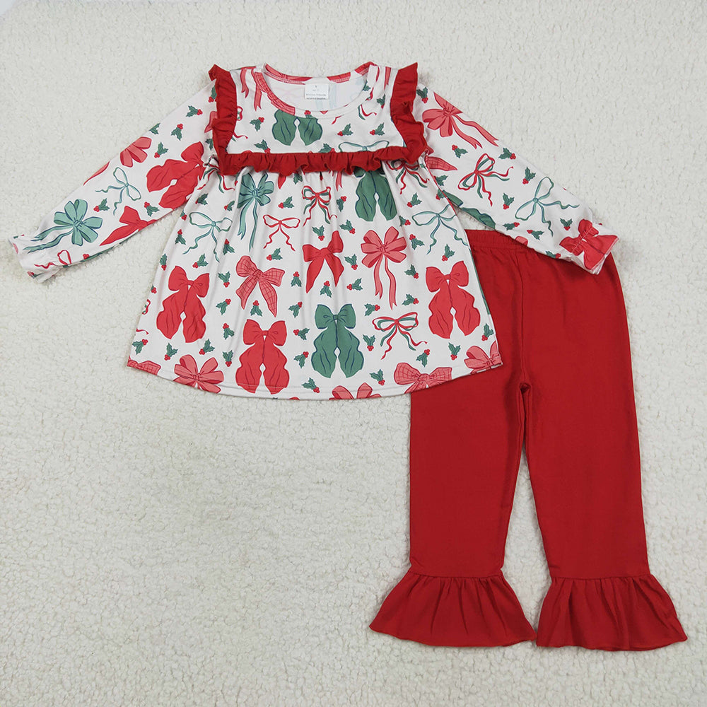 Baby Girls Christmas Red Green Bows Tunic Ruffle Pants Sets
