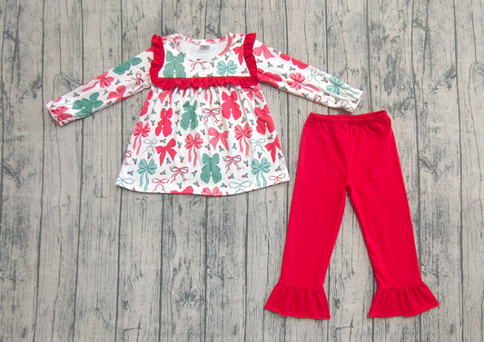 Baby Girls Christmas Red Green Bows Tunic Ruffle Pants Sets