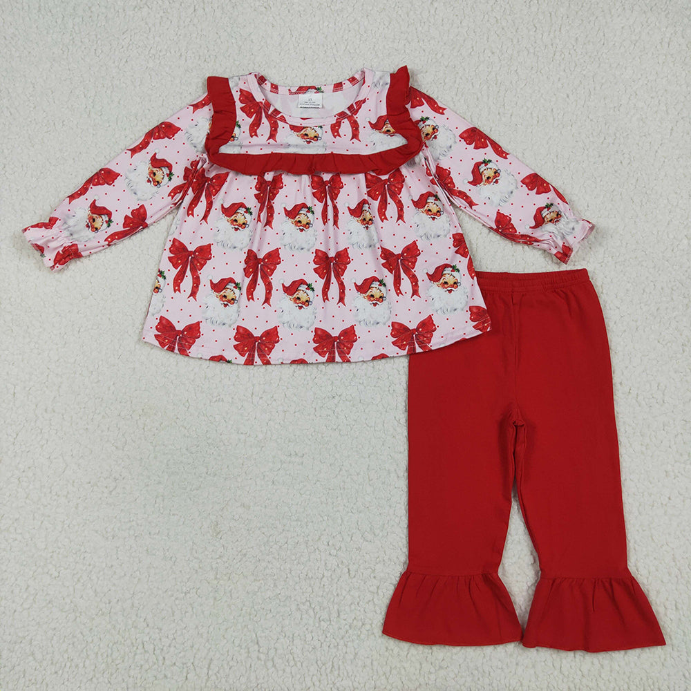 Baby Girls Long Sleeves Red Santa Bows Tunic Ruffle Pant Sets
