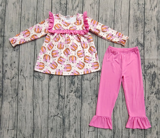 Baby Girls Fall Pink Bows Pumpkins Tunic Ruffle Pants Outfits Sets