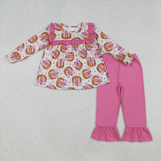Baby Girls Fall Pink Bows Pumpkins Tunic Ruffle Pants Outfits Sets