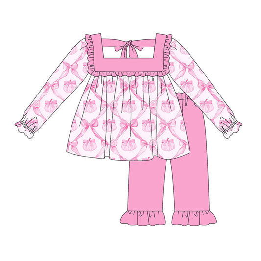 Baby Girls Long Sleeves Pink Bows Pumpkins Plaid Tunic Ruffle Pant Set Preorder