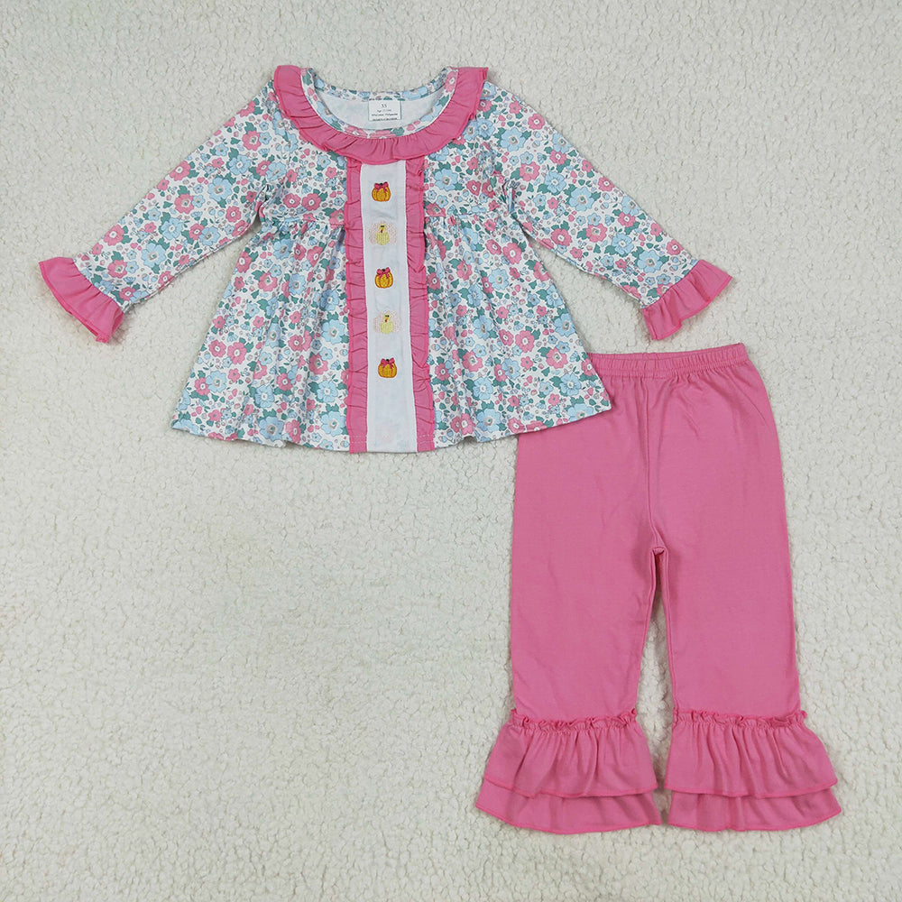 Embroidery Baby Girls Floral Turkey Pumpkins Tunic Ruffle Pant Sets
