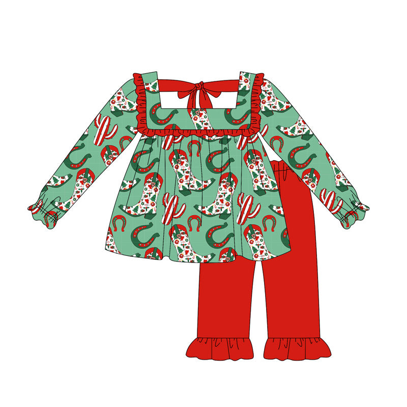 Baby Girls Long Sleeves Green Boots Cactus Tunic Ruffle Pant Set Preorder