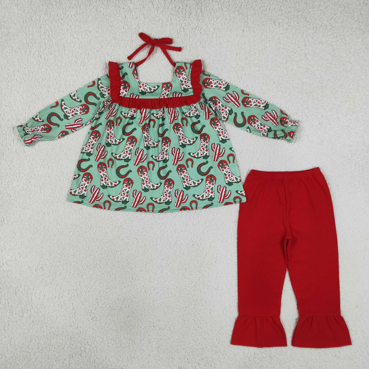 Baby Girls Trees Holly Boots Cactus Tunic Ruffle Pant Christmas Clothes Set
