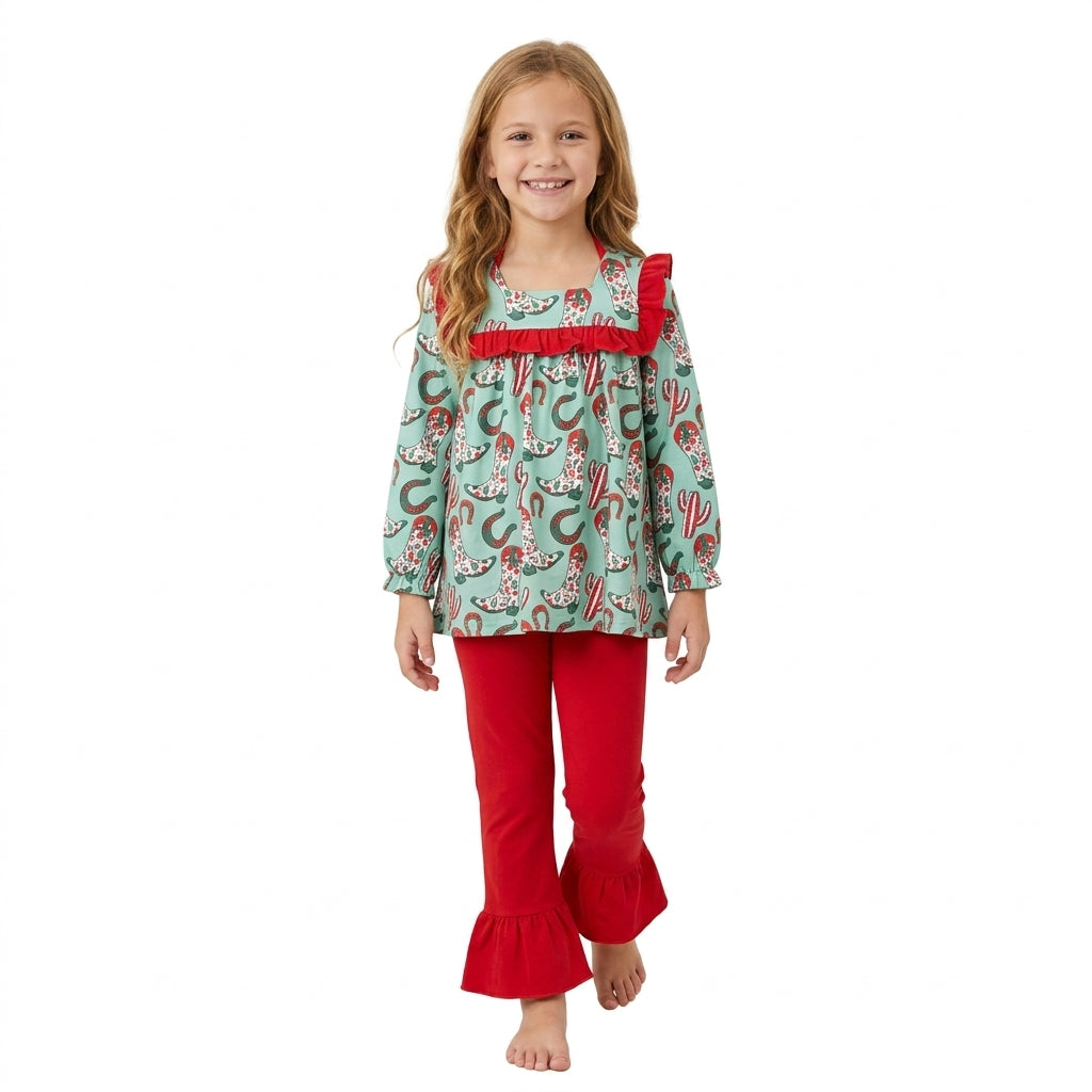 Baby Girls Trees Holly Boots Cactus Tunic Ruffle Pant Christmas Clothes Set