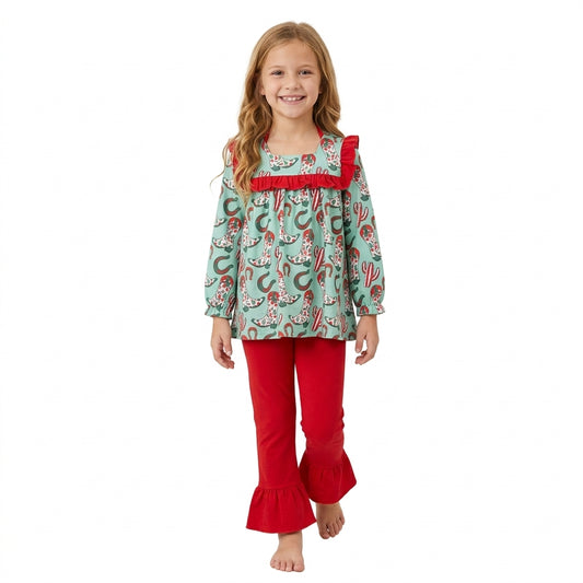 Baby Girls Trees Holly Boots Cactus Tunic Ruffle Pant Christmas Clothes Set