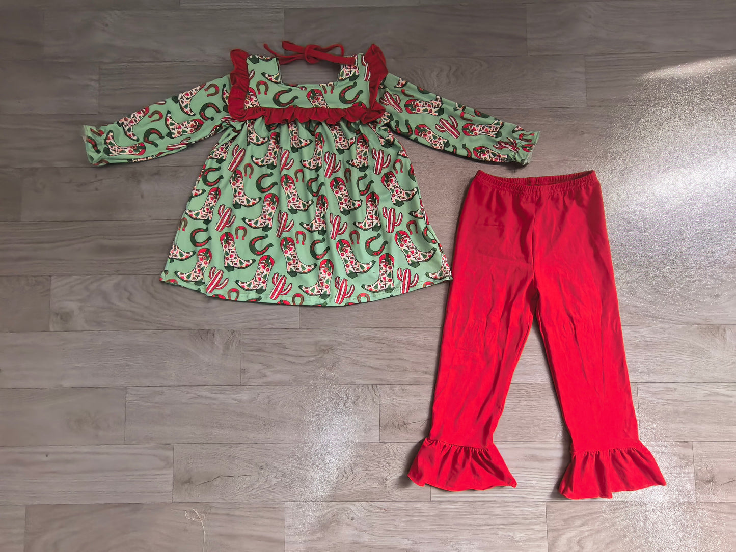 Baby Girls Long Sleeves Green Boots Cactus Tunic Ruffle Pant Set Preorder